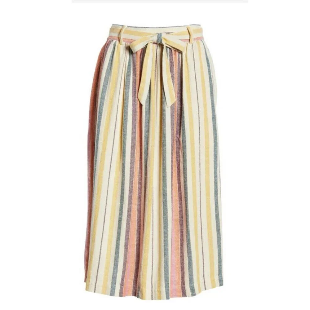 BP Womens A Line‎ Skirt Beige Yellow Stripe Midi Po